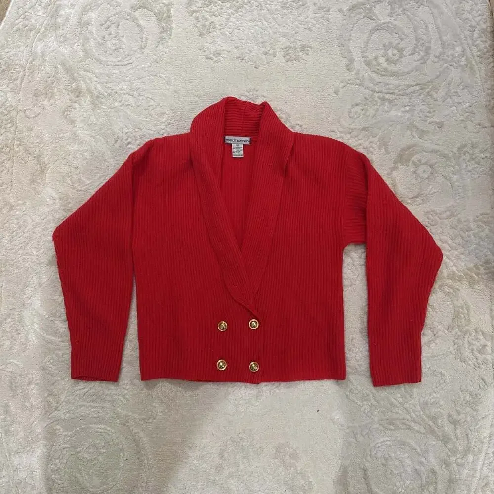 Reed Hunter‎ Red Lambswool Angora Ribbed Cardigan | Gold Button V-Neck
